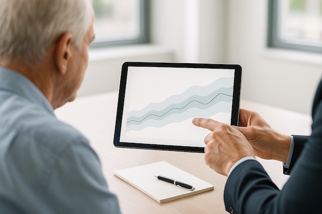 Over-the-shoulder view of a tablet showing a retirement withdrawal graph with guardrail bands as an advisor meets with a retiree.