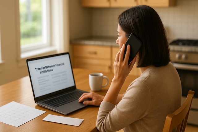 Over-the-shoulder view of a person on the phone completing an online trustee-to-trustee transfer form at a kitchen table.