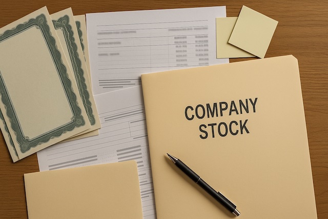 Flat-lay of paper stock certificates, a blurred brokerage statement, and tax forms arranged neatly to illustrate NUA planning.