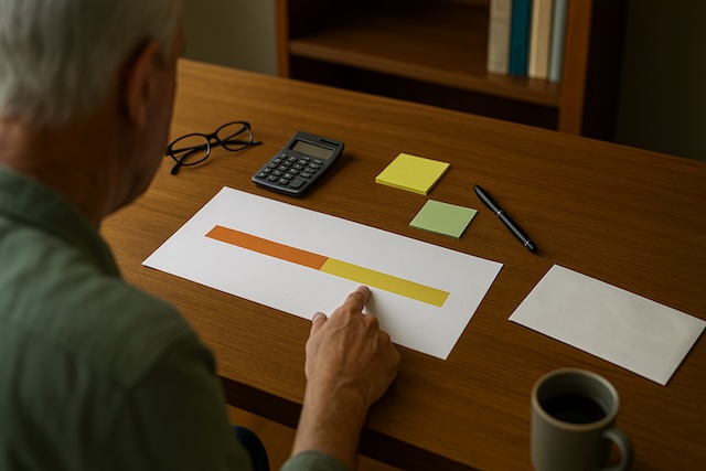 Over-the-shoulder view of a retiree comparing a timeline that highlights taking the first RMD by December 31 or delaying to April 1.