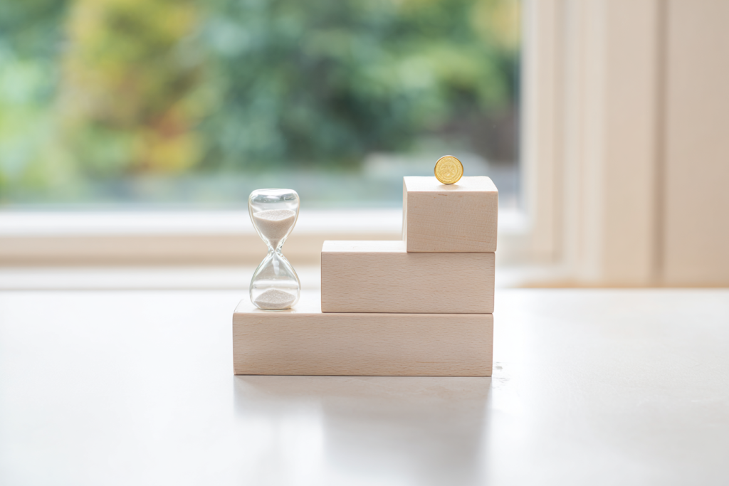 Stacked wooden blocks forming steps with a small hourglass and a plain gold token on top, symbolizing step-by-step RMD calculation with no visible text.