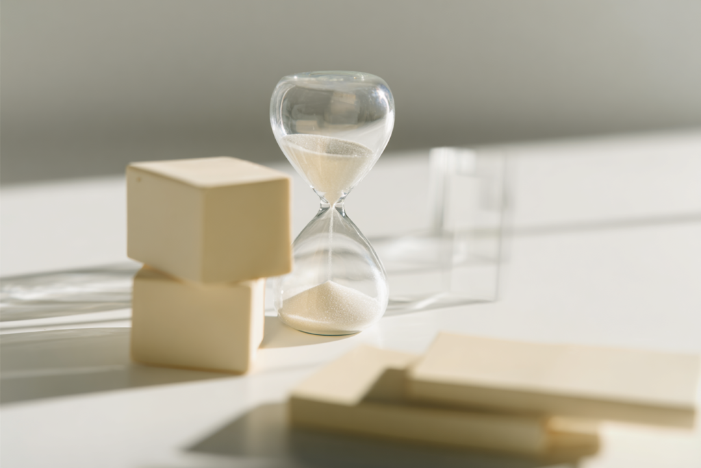 A small hourglass and unmarked metal discs on minimalist blocks suggest time-sensitive retirement actions and corrective planning.