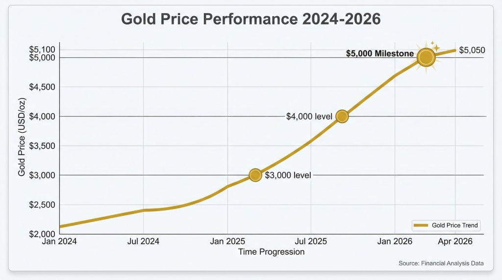 A chart showing the rising price of gold, illustrating the concept of gold hitting 5000 and its upward trend.